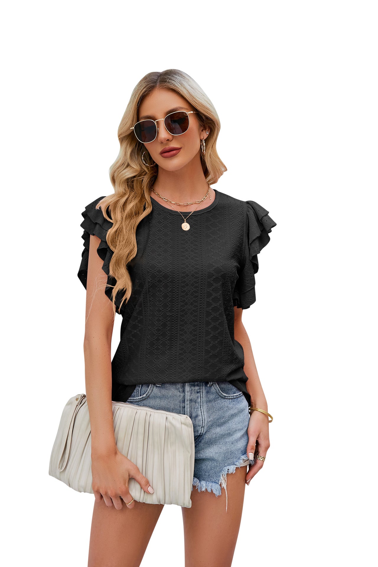 Round Neck Double Layer Ruffle Sleeve Hollow Short Sleeve