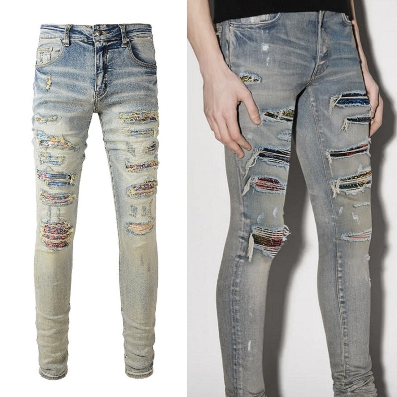 Iridescence Printed Patch Worn Baby Blue Jeans Male