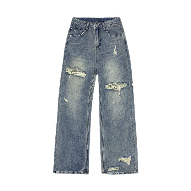 Ripped Jeans Washed Wide-leg Pants