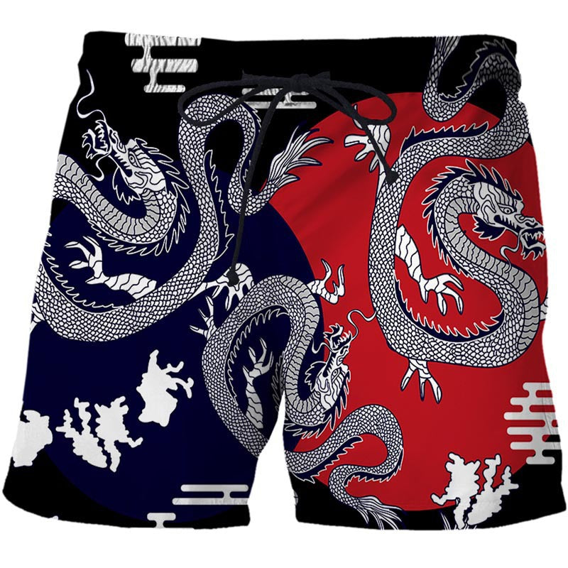 Chinese Style Shorts Dragon And Phoenix Pattern 3D Printing Loose Fifth Pants Creative Breathable Casual Pants