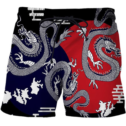 Chinese Style Shorts Dragon And Phoenix Pattern 3D Printing Loose Fifth Pants Creative Breathable Casual Pants