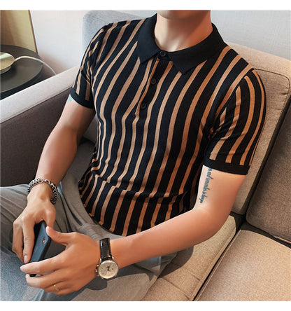 Men's Fashion Wide Striped Short-sleeved Polo Shirt