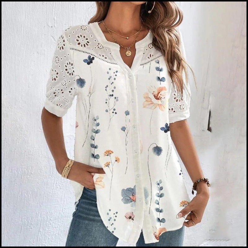 Fashion Breasted Lapel Short-sleeved Shirt Women's Top