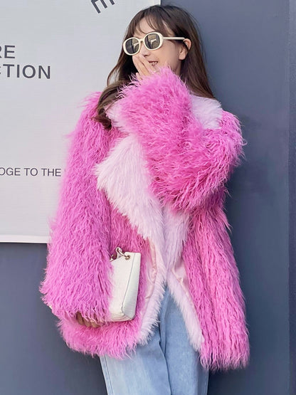 Beach-faux Wool Mid-length Coat Peach Fur Coat