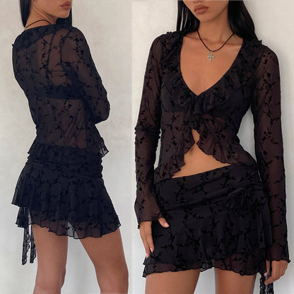 Lace Mesh Solid Color Short Skirt Suit Two-piece S