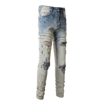 Light Colored Paint Splashing Ink Making Old Washed Jeans For Men