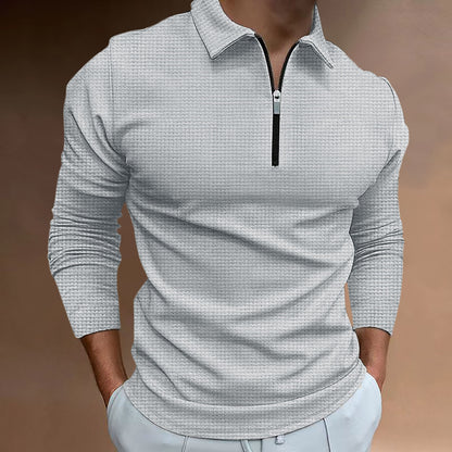 European And American Autumn New Waffle Long-sleeve Zipper Polo Shirt Men's T-shirt Top