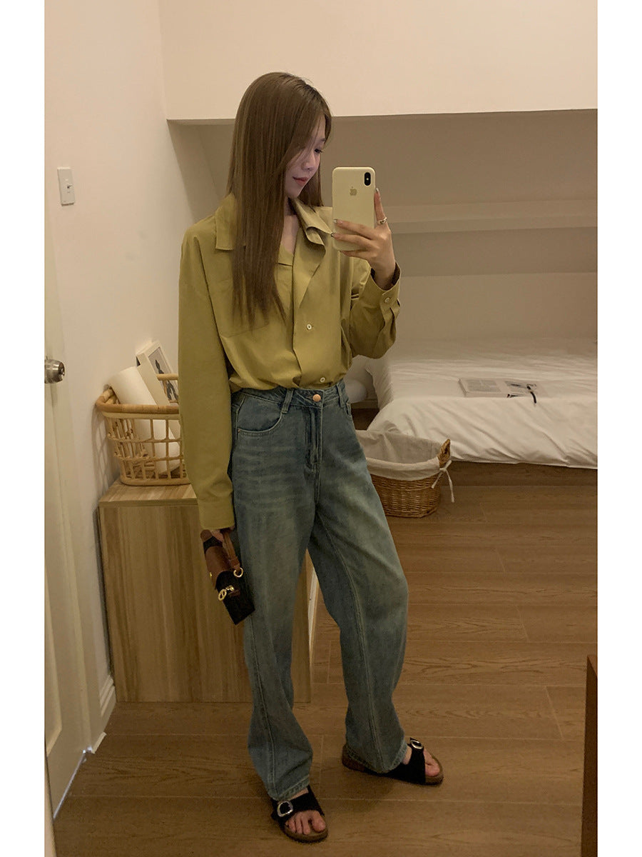 High Waist Slimming Blue Straight Mopping Pants Women