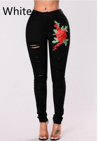 Women's Fashion Embroidery Ripped Black Denim Elastic Pants