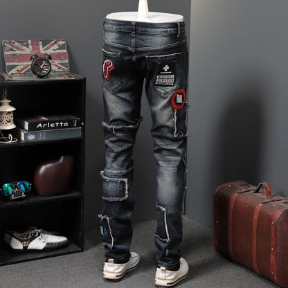 Men's Shredded Patch Embroidered Badge Jeans