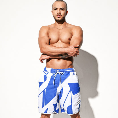 Men's Casual Beach Pants Loose Comfortable Blue And White Printed Beach Shorts