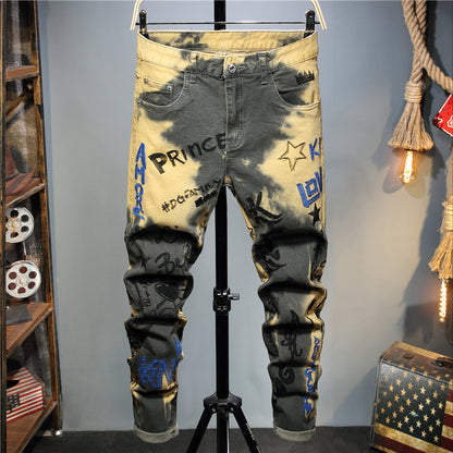 Jeans Men's Slim Pants Stretch Dyed Long  Trendy Personality Camouflage Print