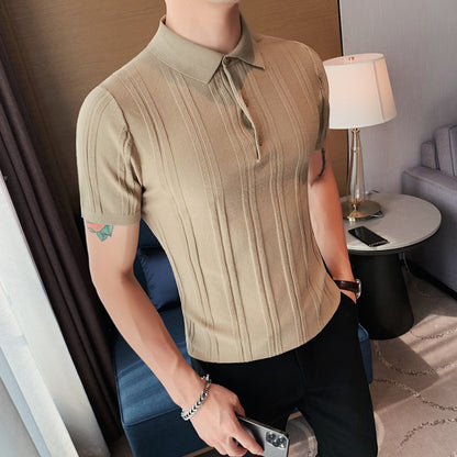 Short-sleeved Knitted Polo Men's Textured Stretch Lapel T-shirt