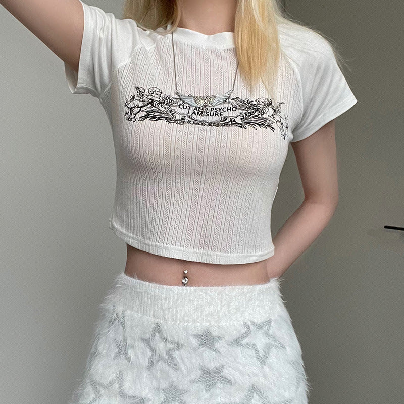 Hooked Mechanism Printed Navel Exposed Short Sleeves