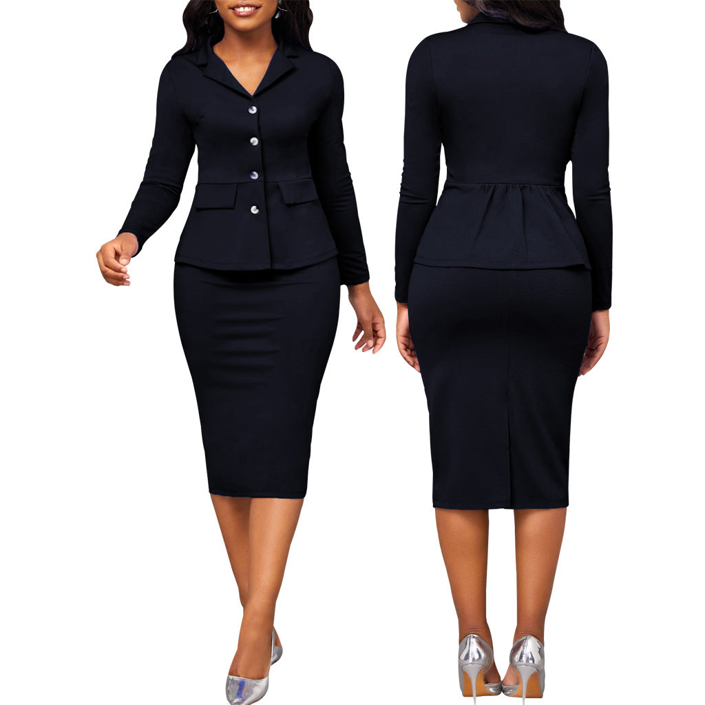 Fashion Solid Color Long-sleeved White Collar Women's Two-piece Suit