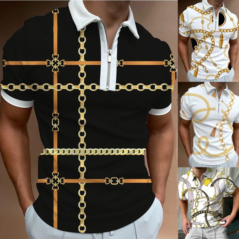 Chain Print Polo Shirt Casual Short-sleeved Men's T-shirt Top