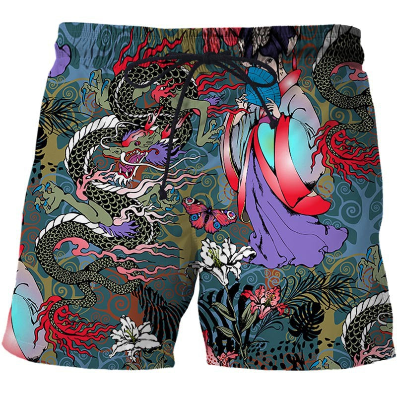 Chinese Style Shorts Dragon And Phoenix Pattern 3D Printing Loose Fifth Pants Creative Breathable Casual Pants