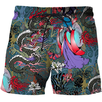 Chinese Style Shorts Dragon And Phoenix Pattern 3D Printing Loose Fifth Pants Creative Breathable Casual Pants