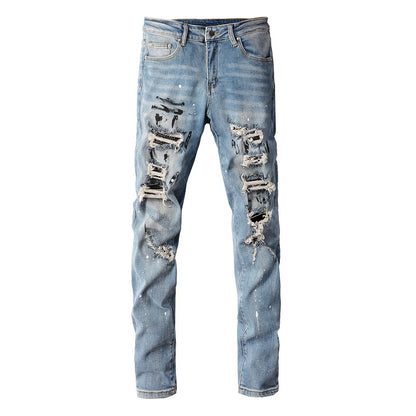 High Street Trendy Brand Worn Out Wash Paint Splashing Perforated Jeans