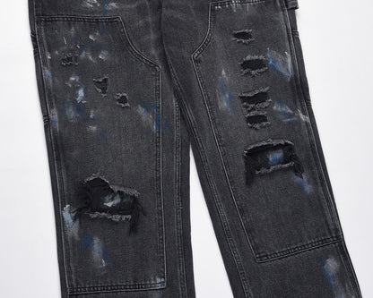 Washed Ink Splattered Ripped Black Zip-Up Jeans