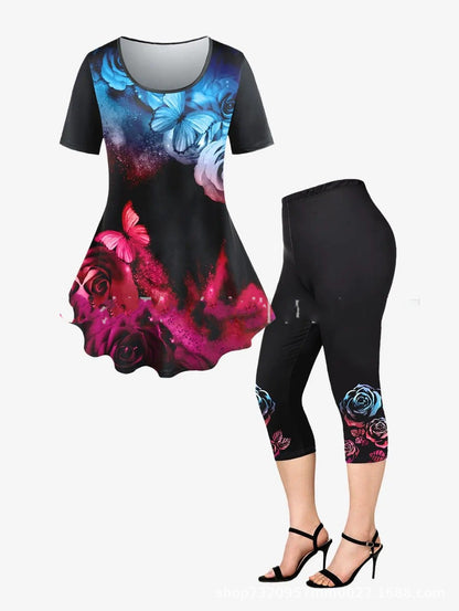 Women's Two-piece Set Summer Fashion Casual Short-sleeved Printed Top Pants