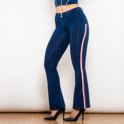 Shascullfites Melody Fashion White Red Side Stripe Flare Jeans Butt Lifting Female Casual Elasticity Dark Blue Denim Bell Pants