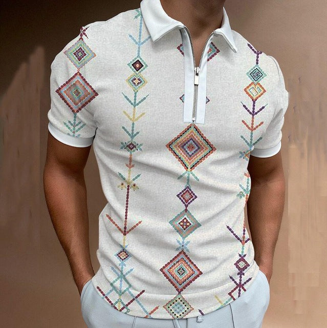 Chain Print Polo Shirt Casual Short-sleeved Men's T-shirt Top