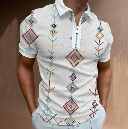 Chain Print Polo Shirt Casual Short-sleeved Men's T-shirt Top