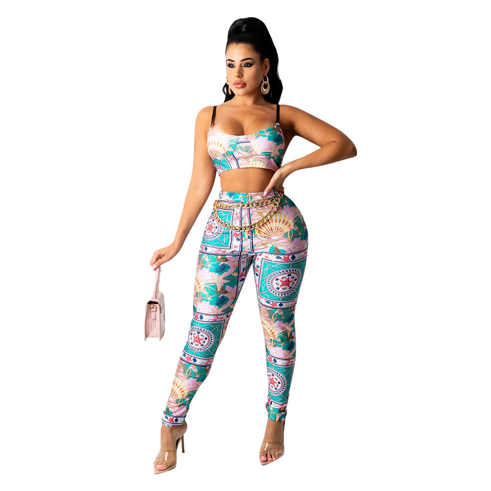 Skinny Print Pants Two-piece Set For Women