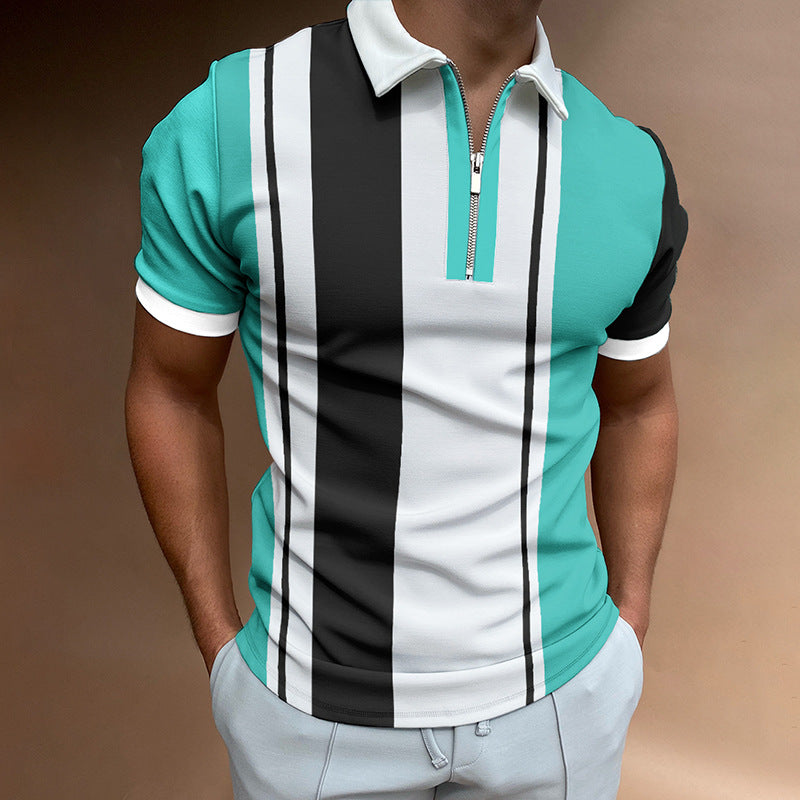 Men's POLO Lapel Striped Plaid Short Sleeve T-Shirt