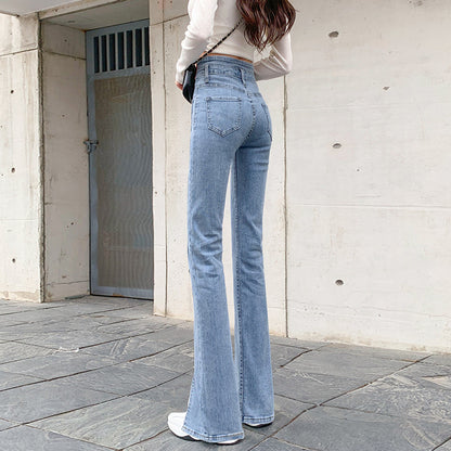 High Waist Straight All-matching Stretch Split Skinny Jeans