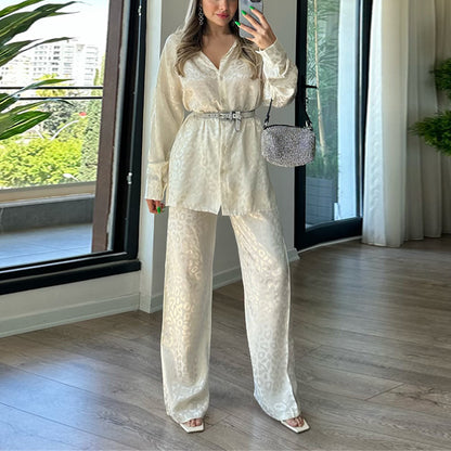 Women's Fashion Casual Loose Long-sleeved Shirt Elastic Waist Two-piece Set