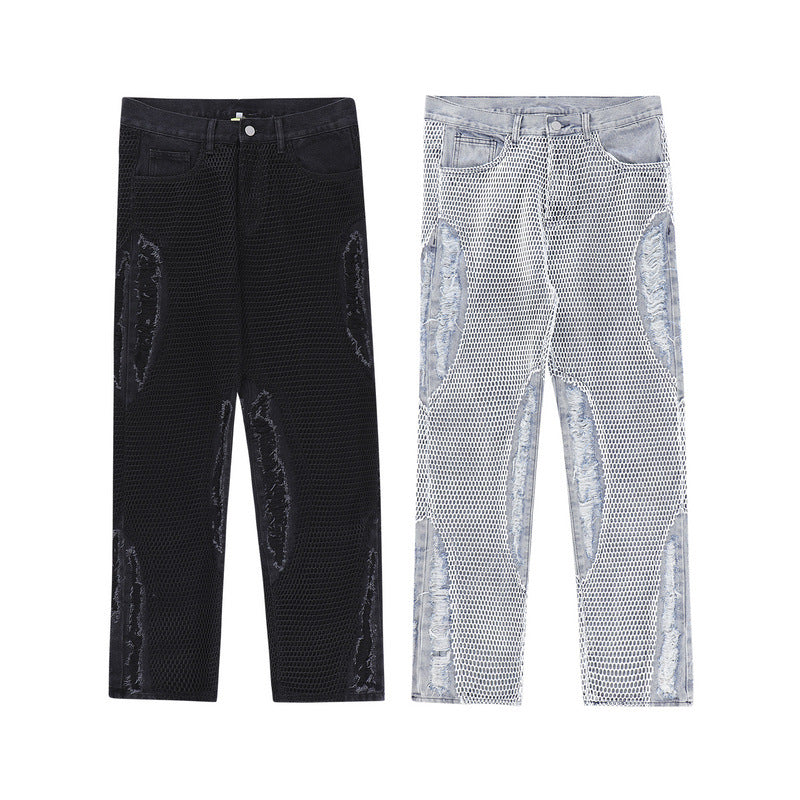 Mesh Panel Ripped Fleece Vintage Jeans