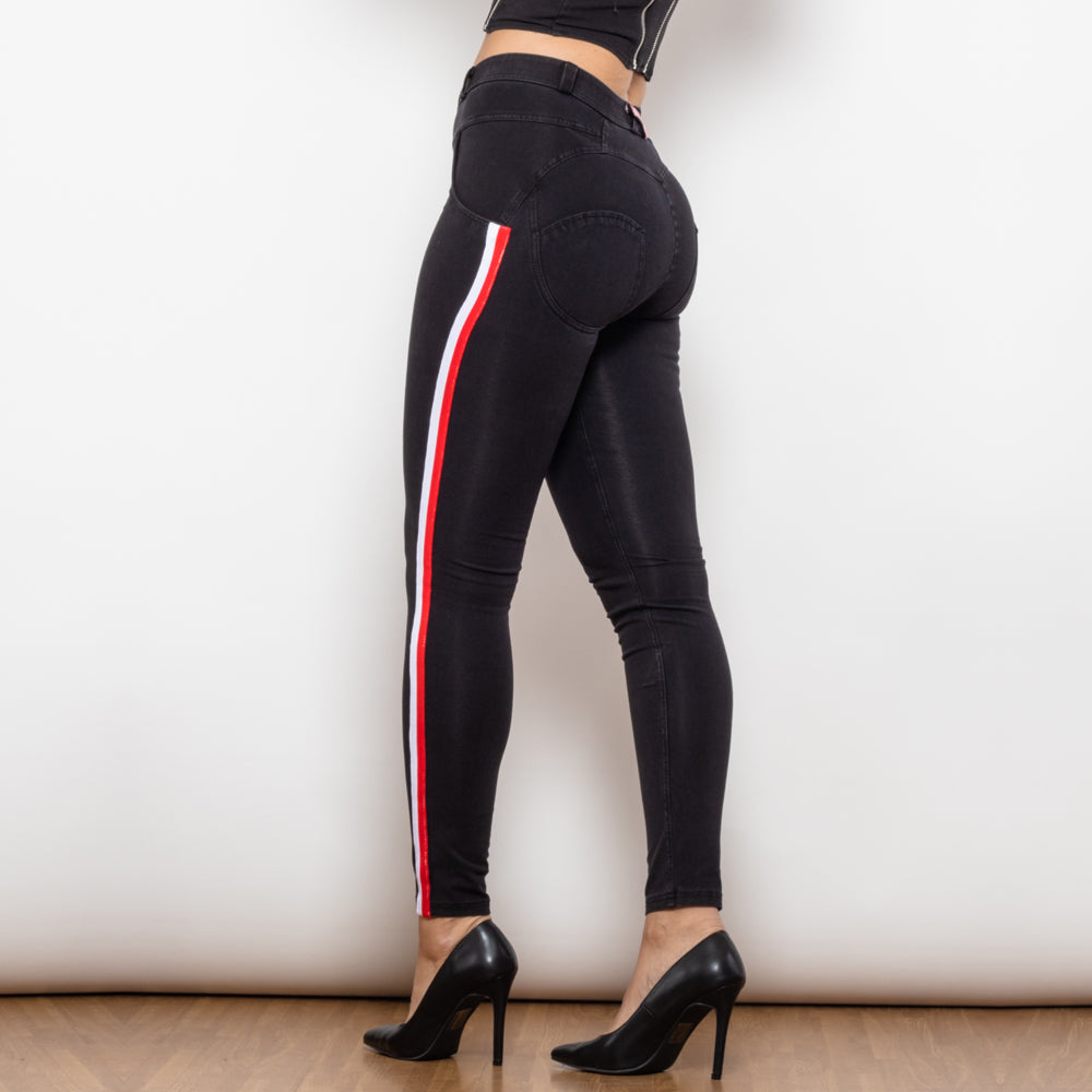 Shascullfites Melody Middle Waist Dark Thread Black Jeans With White&Red Stripe Pants Women Butt Lift Jeans Shaping Pants