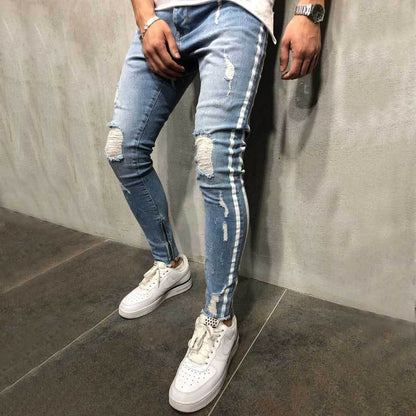 Street men's knee hole jeans elastic Leggings trend pants