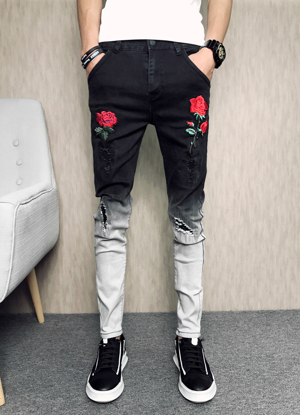 Black Feet Pants Rose Embroidered Shredded Jeans