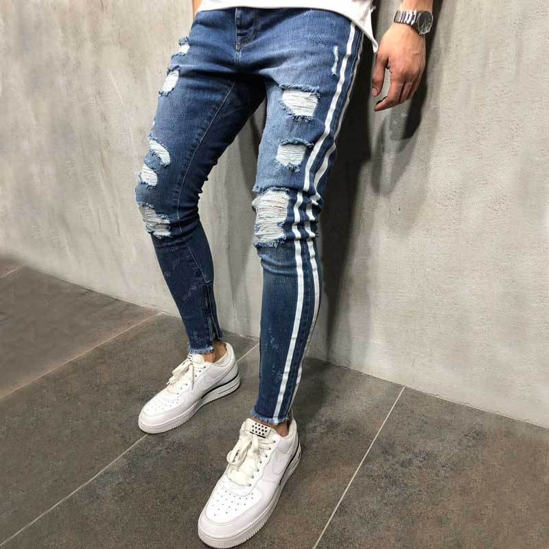 Street men's knee hole jeans elastic Leggings trend pants