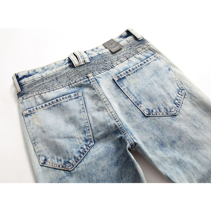 Original Design Zipper Motorcycle Knee Hole Rivet Small Straight-leg Jeans