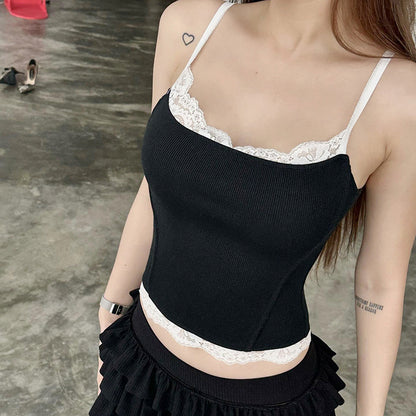 Contrast Color Lace Hot Girl Knitted Fashion Design Sense Bottoming Small Slip Top Women