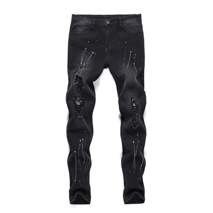 Men's Ripped Printed Jeans With Paint-stretch Stretch Feet