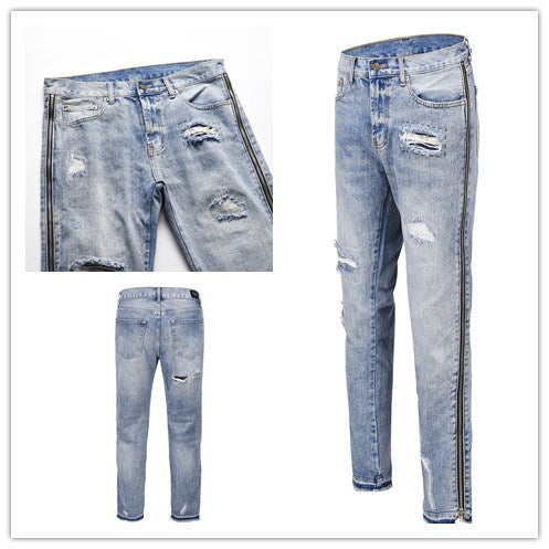 Men's and Women's Side Zipper Jeans with Holes