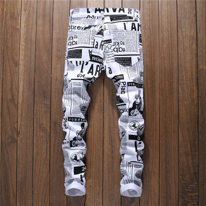 Men's thin white printed letters jeans