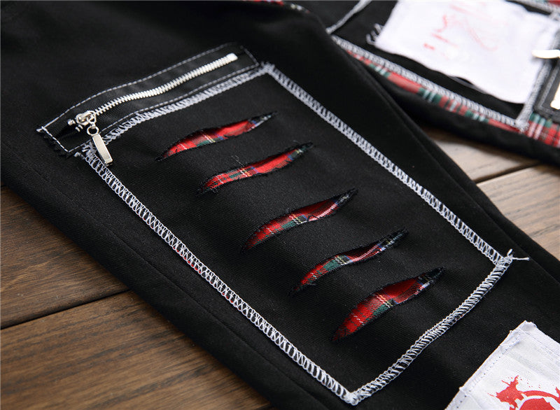 New men's ripped patch pants color cloth jeans