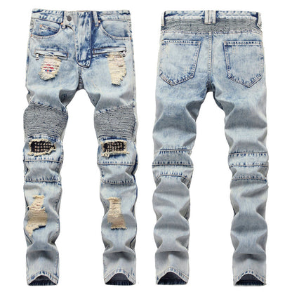 Original Design Zipper Motorcycle Knee Hole Rivet Small Straight-leg Jeans