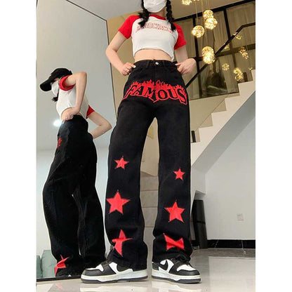 Red Star Letters Jeans For Women High Waist Casual Trousers