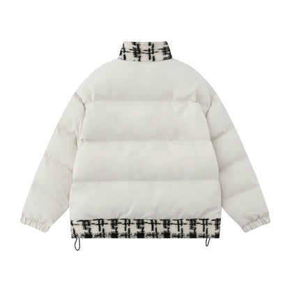 Lambswool Stitching Color-contrast Check Cotton Coat Jacket