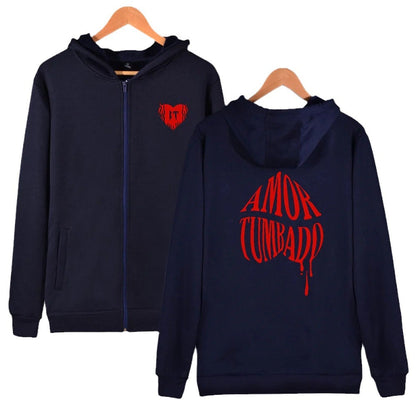 Loose Zip Fleece Printed Long Sleeve Hooded Drawstring Sweatshirt