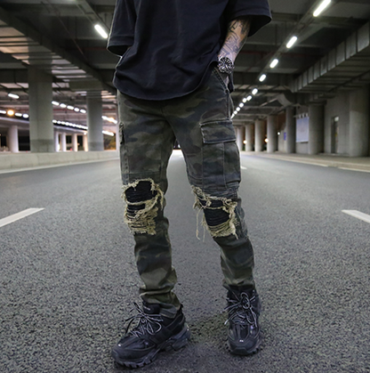 Grandpa high street coconut wind heavy wash old camouflage PU patch stitching military wind Slim work cloth pants tide