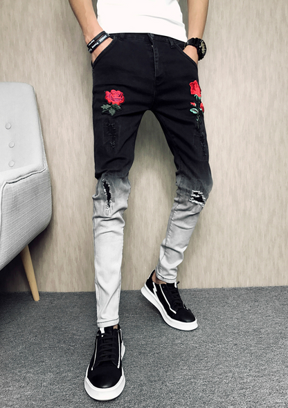 Black Feet Pants Rose Embroidered Shredded Jeans