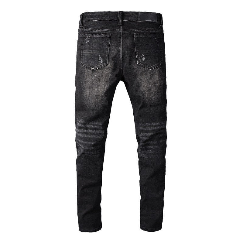 Knee Pleated Black Cashew Leather Zipper Jeans